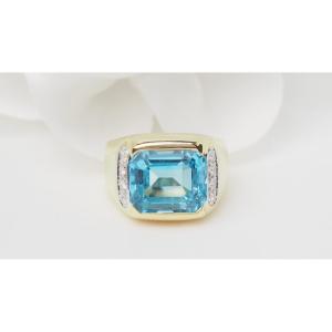 Bague En Or Jaune, Topaze Bleue Et Diamants