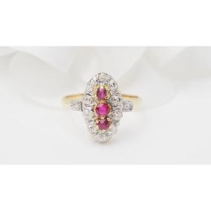 Marquise Ring In Yellow Gold, Rubies And Diamonds