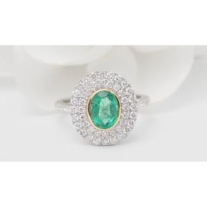 Two-tone Gold Entourage Ring, Oval Emerald And Diamonds