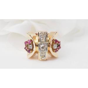 Tank Ring In Yellow Gold, Ruby And Diamonds