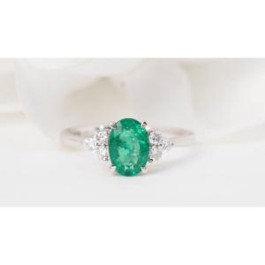 White Gold Ring, Oval Emerald And Diamonds