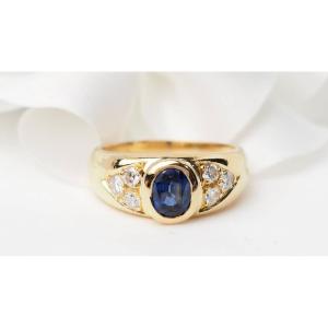 Yellow Gold, Blue Spinel And Diamond Bangle Ring