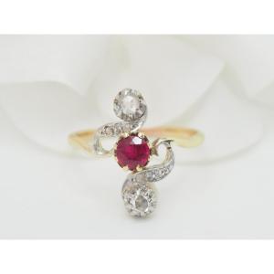 Marquise Ring In Yellow Gold, Rubies And Diamonds