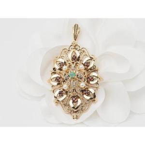 Yellow Gold, Emerald And Cultured Pearl Pendant Brooch