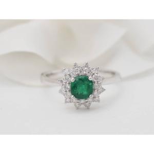 Double Entourage Ring In White Gold, 0.64ct Emerald And Diamonds
