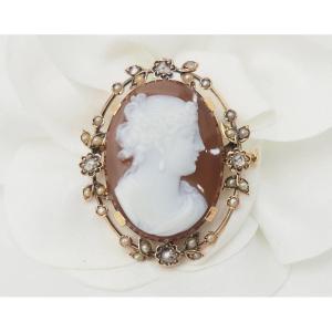Antique Cameo Brooch On Carnelian In Rose Gold With Diamonds And Fine Pearls