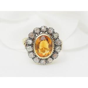 Antique Ring In Yellow Gold, Topaz And Diamonds