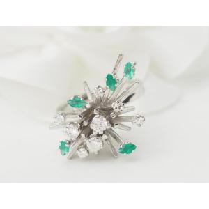Vintage Ring In White Gold, Emeralds And Diamonds 