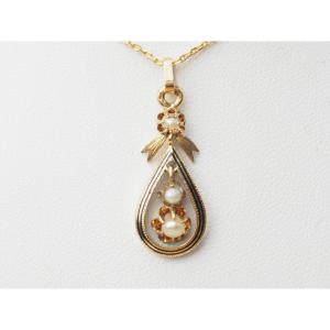 Napoleon III Pendant In Yellow Gold, Fine Pearls And Black Enamel 