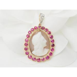 Yellow Gold Ruby And Diamond Cameo Pendant