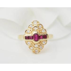 Marquise Ring In Yellow Gold, Rubies And Diamonds
