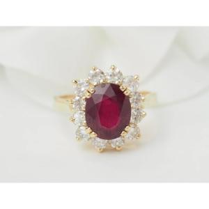 Yellow Gold, Ruby And Diamond Halo Ring