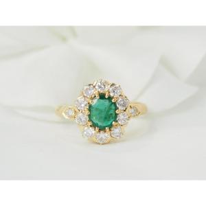 Daisy Ring In Yellow Gold, Emerald And Diamonds