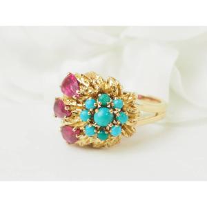 Antique 18 Carat Yellow Gold Ruby And Turquoise Flower Ring