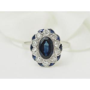 Antique Pompadour Ring Sapphire 1.80ct Diamonds 0.50ct White Gold Art Deco