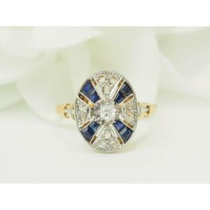 Art Deco Ring Calibrated Sapphires And Rose Cut Diamonds 18kt Gold Platinum
