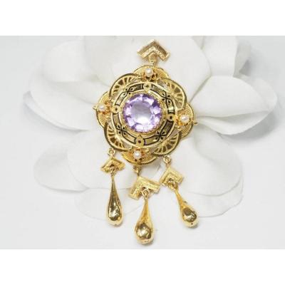 Napoleon III Pendant Brooch In Yellow Gold, Amethyst And Fine Pearls