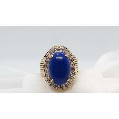 Yellow Gold Ring, Lapis Lazuli Cabochon And Diamonds