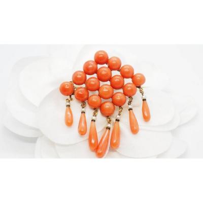 Openwork Brooch Of Napoleon III In Rose Gold, Decorated With Coral Tassel Beads And Black Enamel