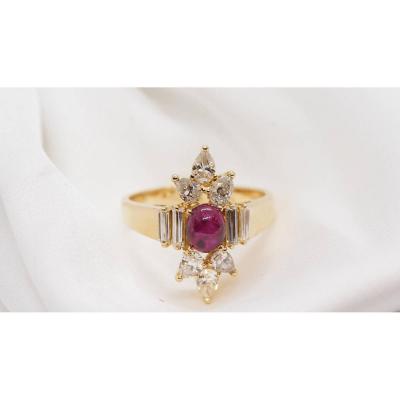 Flower Ring In Yellow Gold, Cabochon Of Rubies And Diamonds