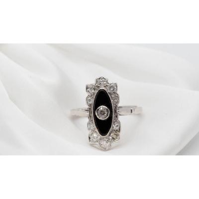 Art Deco Ring In Platinum, Onyx And Diamonds