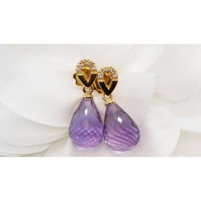 Earrings In Yellow Gold, Briolette Amethysts And Diamonds