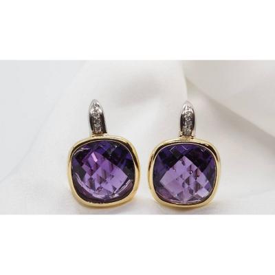 Earrings In Two Yellow Gold, Amethyst And Diamonds