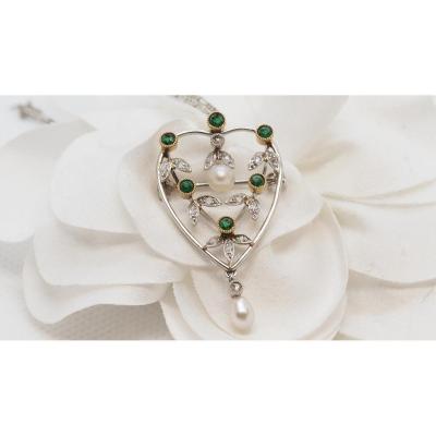 Two-tone Gold Pendant Adorned With Diamonds, Emeralds And Cultured Pearls