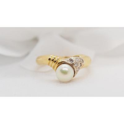 Ring In Yellow Gold, Cultured Pearl And Diamonds