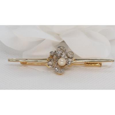 Antique Brooch In Yellow Gold And Platinum, Fine Pearl And Diamonds