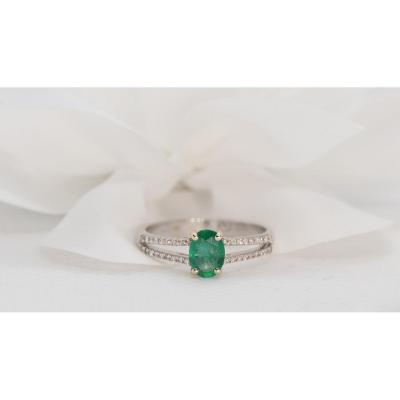 White Gold, Oval Emerald And Diamond Ring
