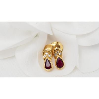 Yellow Gold, Ruby And Diamond Earrings
