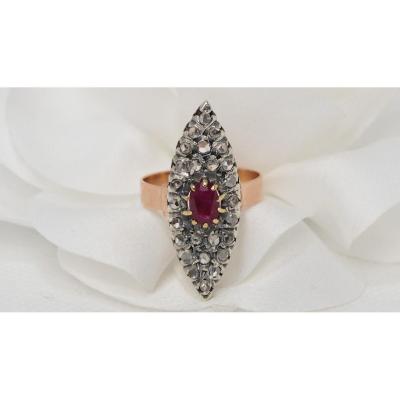 Marquise Ring In Two-tone Gold, Rubies And Roses