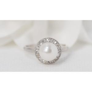 White Gold, Cultured Pearl And Diamond Ring