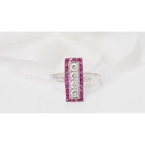 Art Deco Ring In White Gold, Rubies And Diamonds