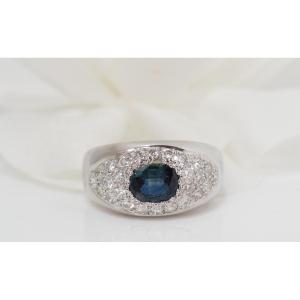 Bandeau Ring In White Gold, Oval Sapphire And Diamonds