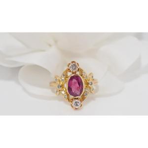 Vintage Marquise Ring In Yellow Gold, Rubies And Diamonds