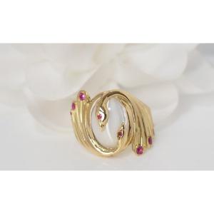 Bague En Or Jaune, Pierre De Lune Et Rubis