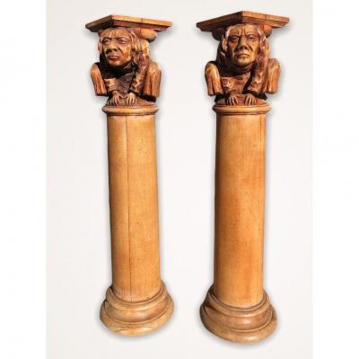 Pair Of Wooden Columns Dating From The Nineteenth Century And Representing Two Characters