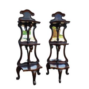 Pair Of Wooden Pedestal Table With Mirrors