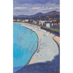 Jean-baptiste Sécheret. Original Signed Work. "nice, The Bay Of Angels" - Oil On Cardboard
