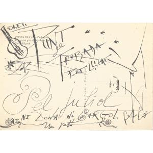 Salvador Dali - Autograph Card Signed To Pablo Picasso With Original Drawings. 