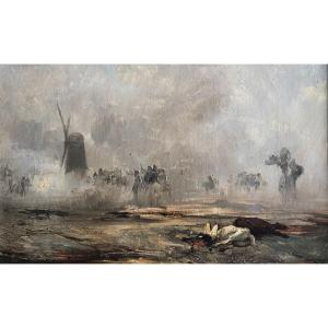 Eugène Lami - Original Work - "study For The Battle Of Hondshoote". Oil On Paper