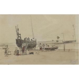 Eugène Boudin - Original Drawing - Double-sided Watercolor. Seaside Scene.