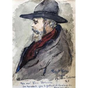 Portrait Of Paul Verlaine By Robert Vallin. Original Watercolor.