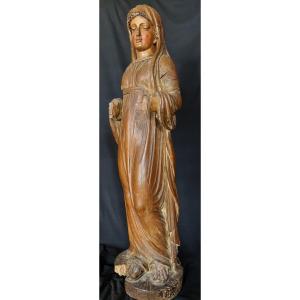 Large Partially Polychrome Wooden Statue Of A Virgin. French Work Around 1800