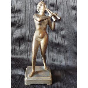 Nymph At The Aulos. Mythological Nude.  Bronze With Brown Patina. Old Cast Iron