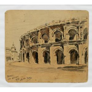 “the Arena Of Nîmes 1938”, Graphite Drawing And Colors, Alex Jorio.