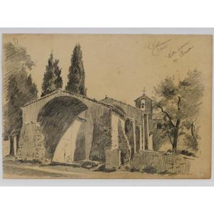 “view Of The Notre-dame Du Brusc Church” (châteauneuf-grasse), Graphite Drawing, Alex Jorio.