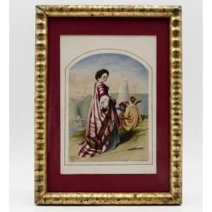 Elegant Londoner Out For A Walk, Watercolor 1848.